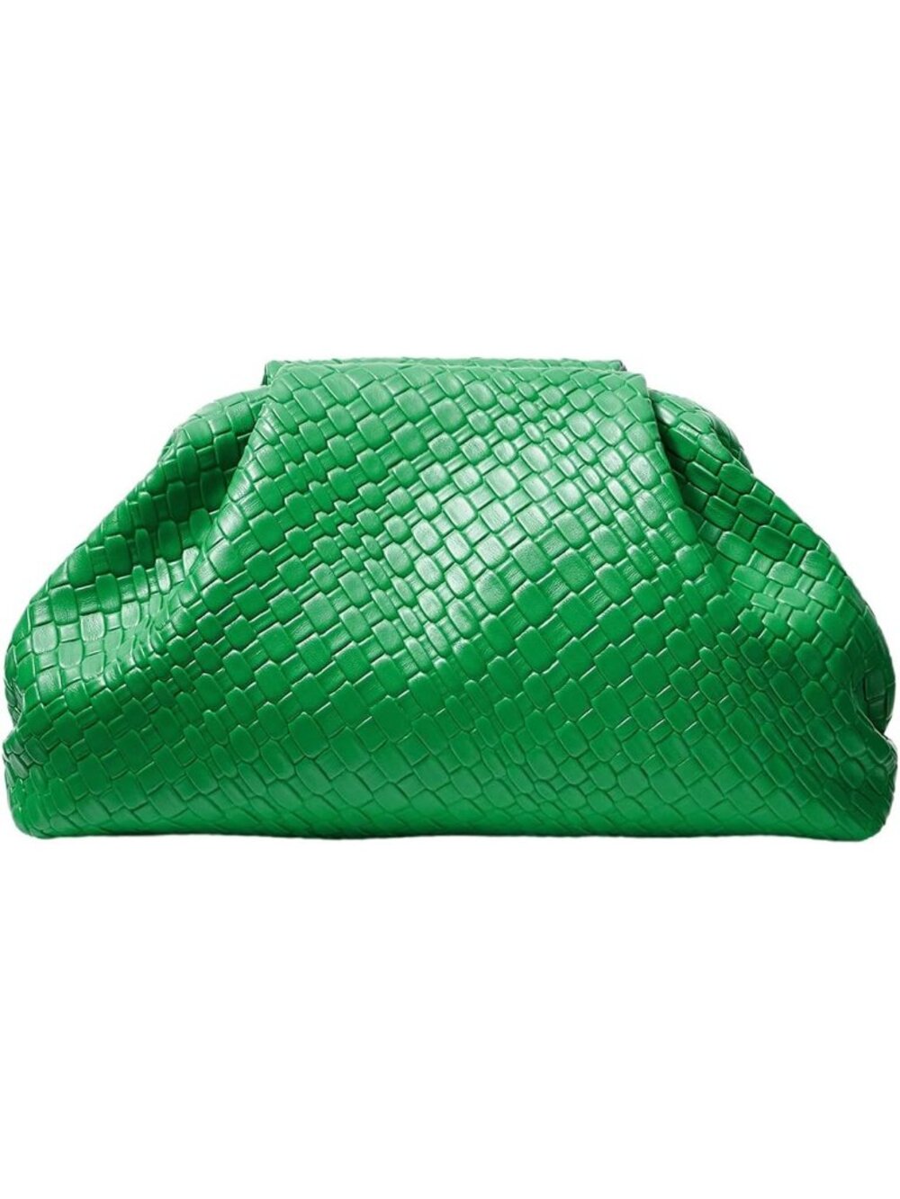 Women's Green Straw Woven Faux Pearl Ruched Dumpling Clutch Evening Bag Purse